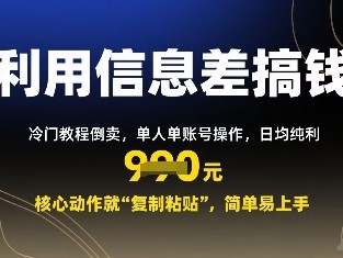 利用信息差搞钱：冷门教程倒卖，单人单账号操作，日均纯利多张，核心动作就“复制粘贴”，简单易上手