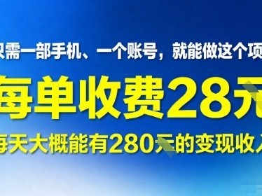 只需一部手机一个账号，就能做这个项目——每单收费28米，每天大概能有280的变现收入